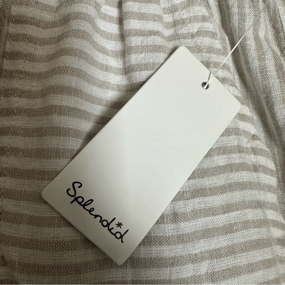 Spendid Elastic Waist Linen Blend Tan Cream Stripe Pants, Medium - Picture 7 of 8